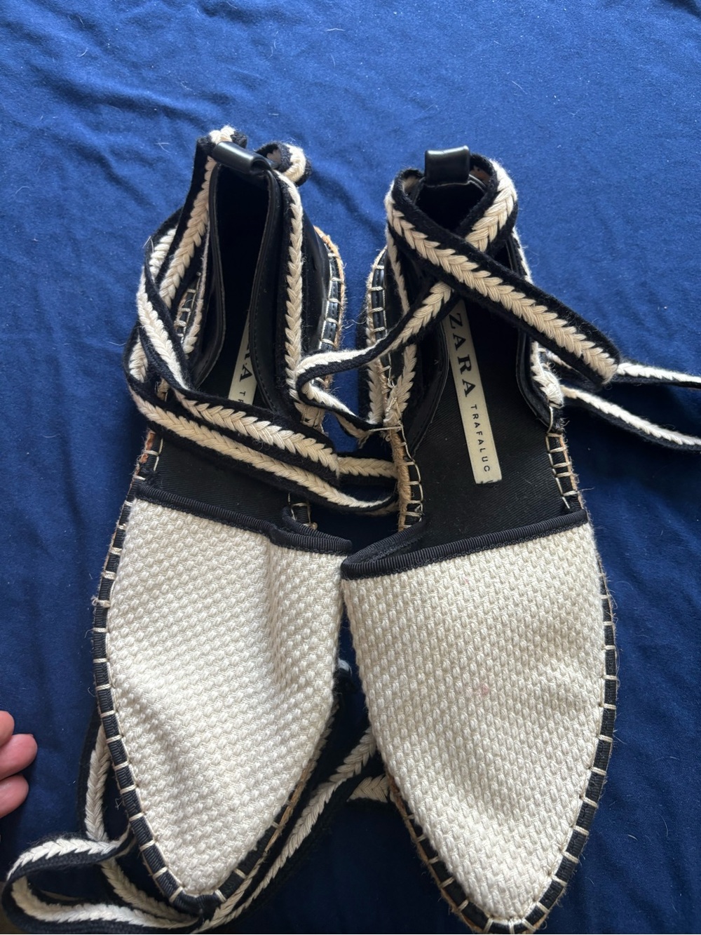 Zara Cream and Black Woven Espadrille Lace-Up Flats